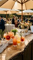 Elegant outdoor wedding reception with colorful cocktails on rustic wooden bar, floral arrangements and guests celebrating under umbrellas in warm sunlight.