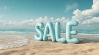 Mint colored sale text on sandy beach with ocean waves and cloudy sky background, summer discount promotion concept for seasonal marketing campaigns.