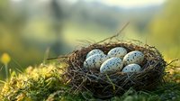 Bird nest with speckled blue eggs nestled in moss during spring season. Natural wildlife habitat scene for nature photography and seasonal content.