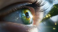 Macro shot of human eye with magical green and gold reflections, sparkles and light effects. Creative fantasy concept showing nature elements in iris.