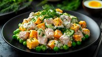 Creamy salad with roasted butternut squash cubes, tender chicken pieces, and green peas garnished with fresh herbs served on black plate, healthy meal prep.