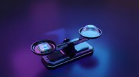 Futuristic smartphone with holographic display projecting glowing interface elements on dark purple gradient background for technology concepts.