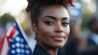 Young African American woman with natural curly updo hairstyle and radiant smile expressing confidence and joy outdoors with American flag in soft bokeh background.