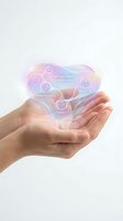Open hands holding holographic heart with mindfulness meditation text and chakra symbols for wellness coaching and spiritual healing practices.