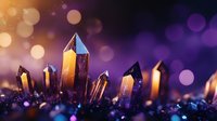 Magical crystal quartz points rising from dark surface against purple and gold bokeh background, mystical mineral formation with glowing light effects.
