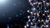 Molecular structure visualization with copper-colored atoms connected by glowing lines against dark background, creating futuristic scientific atmosphere.