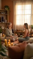 Two women practicing meditation together in cozy living room with candles and crystals creating peaceful spiritual atmosphere for wellness and mindfulness.