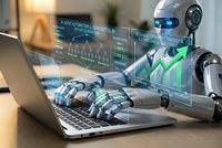 Futuristic robot analyzing financial data on laptop with holographic charts and graphs displaying market trends and statistics in modern office environment.
