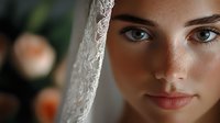 Young Mediterranean bride with natural makeup and lace veil gazes directly at camera showing radiant complexion, freckles, and striking blue eyes in soft romantic lighting.