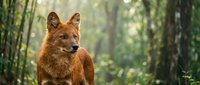 Red fox standing alert in natural forest habitat with soft sunlight filtering through green foliage creating peaceful woodland atmosphere.