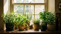 Fresh potted herbs on a sunny windowsill, including basil, rosemary, and thyme, creating a cozy rustic kitchen garden atmosphere.