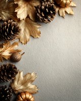 Autumn composition with golden maple leaves, pine cones, acorns and mini pumpkins on neutral background. Seasonal flat lay with copy space.