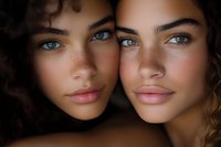 Close-up portrait of two young mixed-race women with blue eyes, natural makeup, and glowing skin showing sisterly connection and feminine beauty.