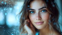 Young woman with bright blue eyes and gentle smile against blurred blue background with glowing network pattern overlay, representing technology and artificial intelligence concept.