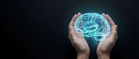 Hands protecting glowing blue digital brain hologram on dark background representing artificial intelligence, mental health care and neuroscience innovation.