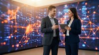 Young Caucasian business professionals discussing strategy in modern office with digital network visualization background for corporate presentations.