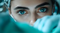 Close-up view of intense bright blue eyes and defined eyebrows partially hidden behind turquoise fabric, creating mysterious and dramatic portrait composition.