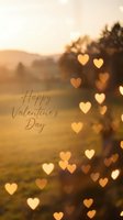Happy Valentine's Day greeting card with golden heart bokeh lights over blurred sunset landscape for romantic holiday celebration and love messages.