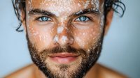 Close up portrait of young Caucasian male with freckles, bright blue eyes, dark beard and curly hair against light background, showing natural skin texture and facial features.