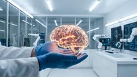 Scientist in white coat and blue glove holding glowing human brain hologram in modern robotics laboratory with screens.