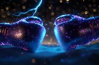 Glowing blue hearts with electric lightning effect and sparkles against dark background, magical romantic concept for Valentine's day and anniversary designs.