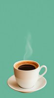 Steaming white coffee cup and saucer with fresh brewed dark coffee against mint green background, minimalist composition with rising vapor trail.