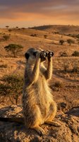 Meerkat standing alert on rock formation during golden hour sunset in African savanna landscape with acacia trees and rolling hills in background.