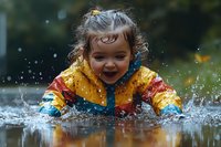 Joyful young child in colorful raincoat splashing and playing in puddle during rainy day, expressing pure happiness with water droplets flying in natural outdoor setting.