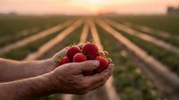 Fresh ripe strawberries cupped in farmer hands at sunset over agricultural field rows. Organic berry harvest concept for healthy eating and farming.