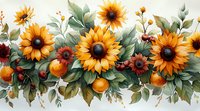 Vibrant sunflowers and oranges arranged in decorative border with green foliage, creating a warm autumn harvest composition for seasonal designs.