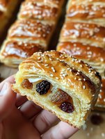 Fresh baked flaky pastry filled with raisins and topped with sesame seeds, showing layered puff pastry texture and golden brown surface in close-up view.