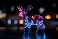 Glowing geometric deer sculpture with neon pink and blue lights creating constellation-like patterns against dark background with bokeh lights.