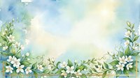 Watercolor floral frame with white flowers and green leaves on soft blue background for wedding invitations, greeting cards and spring designs.