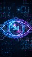 Futuristic AI eye with glowing neon circuits and digital data streams in cyberpunk style for technology and artificial intelligence concepts.