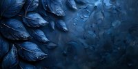 Dark blue wet leaves with water drops in moody lighting create dramatic nature backdrop, abstract organic composition for luxury designs and backgrounds.