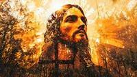 Artistic double exposure portrait combining male face with beard and forest silhouettes in warm orange and golden tones against dramatic sunset sky background.