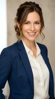 Professional businesswoman in navy blazer smiling confidently in modern office setting for corporate communications and leadership content.