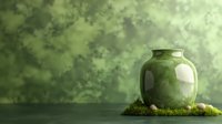Green ceramic vase on moss with soft natural lighting against blurred forest background creates serene minimalist composition for wellness and spa designs.