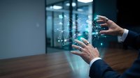 Businessman hands interacting with holographic digital network interface displaying connected data points and technological innovation in modern office.