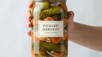 Hands holding glass jar filled with mixed pickled vegetables including cucumbers, carrots, and peppers with artisan label on white background for food packaging and culinary content.