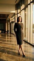 Professional Asian businesswoman in black dress standing confidently in modern corporate office lobby with floor-to-ceiling windows and marble floors.