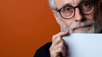 Senior Caucasian man with gray beard and glasses holding blank white paper against orange background, thoughtful expression, wearing black sweater.