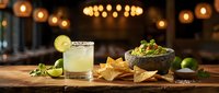 Refreshing margarita cocktail with lime wheel and tortilla chips with guacamole on wooden table, warm ambient lighting, suitable for bar, restaurant, and beverage marketing.