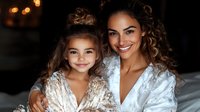 Young Hispanic mother and daughter wearing matching white velvet robes share tender moment on bed, curly hair and natural makeup, warm evening lighting creates cozy atmosphere.