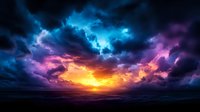 Dramatic sunset sky with vibrant clouds in blue, purple and orange colors over dark horizon, moody atmospheric cloudscape with glowing sunlight breaking through.