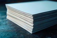 Stack of white paper sheets on dark blue textured surface, close-up view showing layered edges for printing, crafting, or office use.