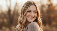 Young blonde woman with wavy hair smiling warmly in autumn sunlight wearing cozy sweater for lifestyle and portrait photography.