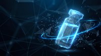 Futuristic glowing vaccine vial with digital particles and light effects on dark blue background for medical technology and healthcare innovation concepts.