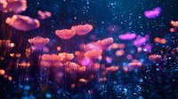 Glowing pink fantasy flowers against starry night sky with magical sparkles and bokeh effects create dreamy, ethereal garden atmosphere for fairy tale designs.