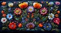 Vibrant folk art floral composition with colorful wildflowers, daisies, and tulips against dark background, featuring whimsical botanical elements in traditional style.